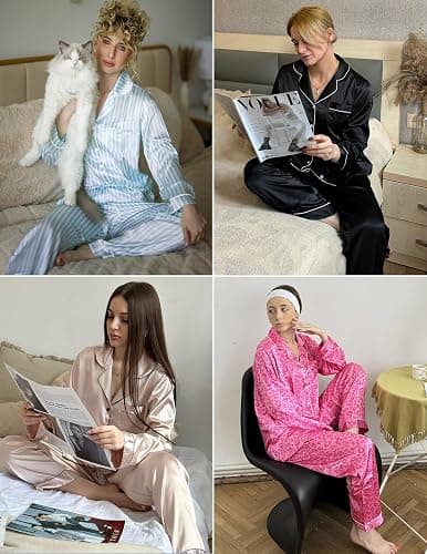 Ekouaer Silk Pajamas for Women Classic Button Down Satin Pajama Sets Long Sleeve Lounge Set thumbnail 6