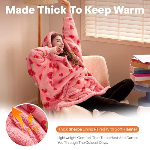 Giggling Getup Wearable Blanket Hoodie for Adults Gifts for Teen Girls Sister Women Sherpa Fleece Printed Hooded Blanket Sweatshirt Warm Cozy with Pocket & Sleeves Strawberry thumbnail 3