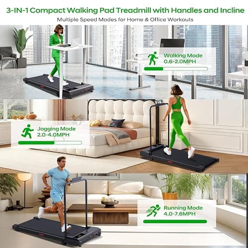 Electric Walking Pad with Handle Bar, 3.5HP Compact Walking Pads Treadmill with Handles, 0.6-10.0MPH Portable Small Treadmills for Home Office Apartment Small Spaces, 400LBS with Big Screen thumbnail 2