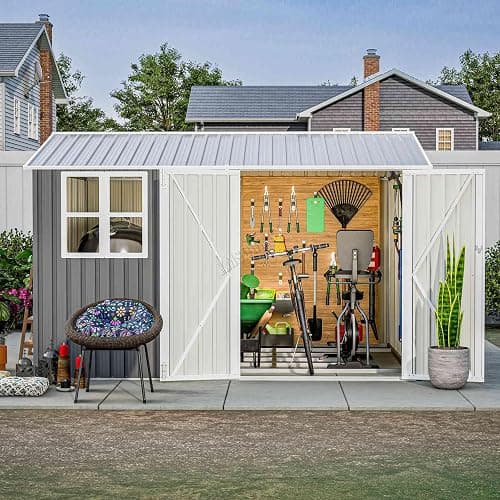 BIRCHTREE Garden Shed Steel Apex Roof House Outdoor Backyard Storage With Lockable Double Doors Window Free Foundation Tool Equipment Organizer Air Vents 10x8FT Grey thumbnail 8