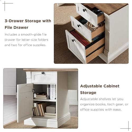 OKD 60" L Shaped Executive Desk with Hutch and Drawers, Farmhouse Home Office Desk with Charging Station, File Cabinet Storage, Wood Corner Computer Desk for Work and Study, Antique White thumbnail 5