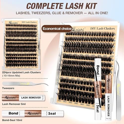 AILAISHI Lash Clusters Kit, DIY Cluster Eyelash Extensions 9‑16mm, 60D+80D+100D, 224pcs Fluffy D Curl Natural Lashes with Bond & Seal,Remover,Tweezers,Brush–Fake Cat Eye Individual Clusters thumbnail 2
