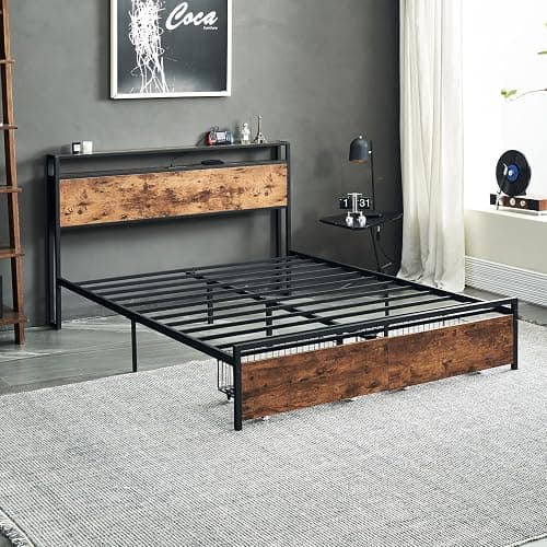 Eifizek Queen Size Bed Frame with Storage Headboard & Charging Station, Platform Bed Frame with Drawers, No Box Spring Needed, Easy Assembly (Brown) thumbnail 7