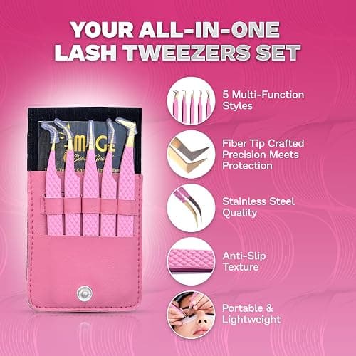 5 Pcs Fiber-Tip Japanese Steel Lash Tweezer Set with Leather Case, Professional Eyelash Tweezers for Lash Extensions – Titanium Coated, 90 & 45 Angled, Precision Pointed Tweezers (PINK) thumbnail 6