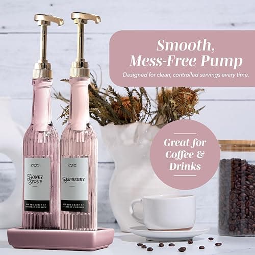 COOK WITH COLOR Glass Coffee Syrup Dispenser with Pump- Set of 2 Syrup Bottles for Coffee Bar, Decorative 350 ML Bottle with Ceramic Holder, Funnel, Labels and Extra Pumps, Textured Pink thumbnail 6
