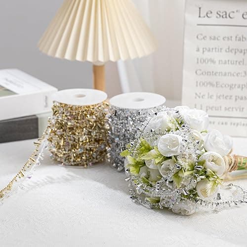 YoungJewl 33 Feet Crystal Garland Christmas Clear Iridescent Crystal Bead Rolls and Silver Bead Garland Twist Bead String for Christmas Tree Wedding Party Decoration thumbnail 2