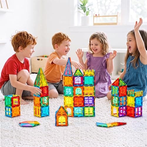 Gemmicc 100 PCS Magnetic Tiles with 2 Cars, STEM Approved Educational Magnet BuildingToys, Magnet Puzzles Stacking Blocks for Boys Girls thumbnail 5