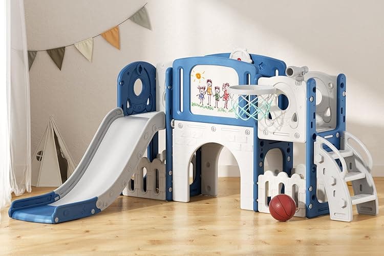 Glaf 9 in 1 Toddler Slide Outdoor Playset Playground Baby Kids Indoor Slides for Toddlers 1-3 with Climber Basketball Hoop Drawing Board and Storage Space (Blue) - Blue