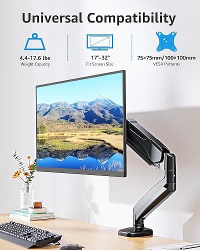 MOUNTUP Single Monitor Desk Mount Holds Screen up to 32 inch, Adjustable Gas Spring Monitor Arm, Computer Monitors Stand with Clamp/Grommet Mounting Base, VESA Mounts Fit 4.4-17.6lbs Computer, Black thumbnail 3