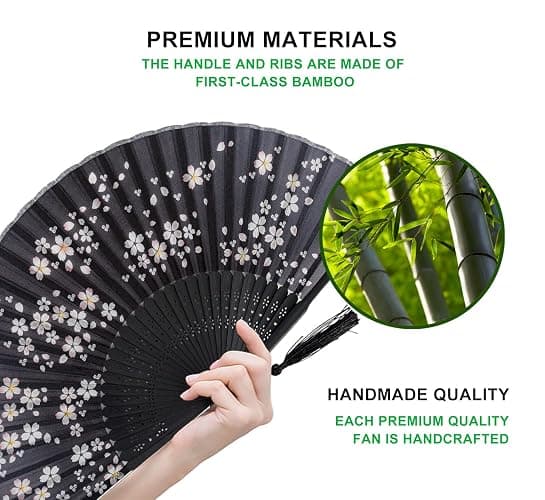 Amajiji 8.27"(21cm) Hand Held Bamboo Silk Folding Fan Hand Fan,Chinese/Japanese Charming Elegant Vintage Retro Style,Women Ladys Girls Best Gifts (Black Little Sakura) thumbnail 4