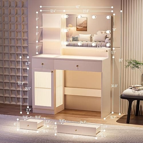 INNOD 40" Vanity Desk with Large Mirror and Lights, Modern Glass Top Makeup Vanity Set with Power Outlet, Drawers and Cabinet, 3 Lighting Color Adjustable Dressing Table for Bedroom,White thumbnail 2