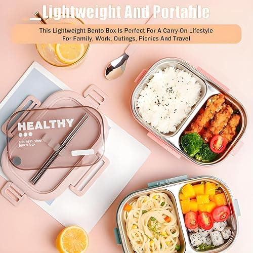 Ausenzup Stainless Steel Lunch Box, 2 Compartment Bento Box for Adults, Easy to Clean, Leak-Proof Design, Food Storage Container with Tableware for Family, Work, Picnics and Travel(850ml, Green) thumbnail 7