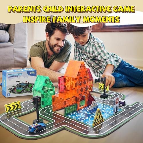 Magnetic Tiles Road Set with Pullback Car & Magnet Ship,Traffic Themed Magnetic Building Tiles Set with Traffic Light,STEM Magnet Tile for Kids Ages 3-5 4-8 5-7,Preschool Educational Kids Toys Gifts thumbnail 9