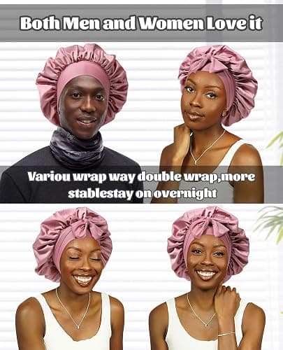 Satin Bonnet for Sleeping Cap Double Layer Hair Bonnet with Elastic Tie Band for Curly Hair Night Cap (Bean Paste + Pink) thumbnail 4