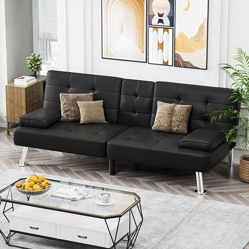 OKWF Futon Sofa Bed, Leather Futon Couch with Removable Armrests, Adjustable Recliner Sleeper Sofa Bed with Dual Cup Holders for Living Room, Apartment, Office (Black), 30.7 x 65 x 28 thumbnail 7