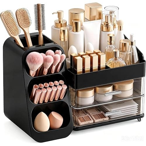 KQJS Makeup Organizer with Drawers, Large Capacity Countertop Organizers for Vanity,Bathroom and Bedroom Desk Cosmetics Organizer,Easy To Storage Skincare,Brushes,Lotions,Lipstick (Black) - Image 1