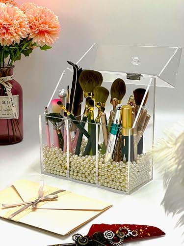 VASERDDY Acrylic Makeup Organizer,Clear Cosmetic Brush Storage Box With 3 Brush Holders,with Dust Cover, Large-capacity Split Design can Quickly Organize the Desktop (with3 bags of white pearls thumbnail 2