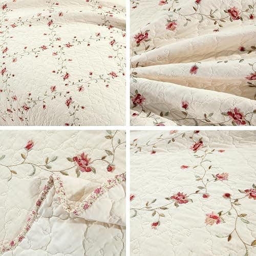 vctops 3-Piece Floral Embroidered Bedspread Coverlet Set Twin Size 100% Cotton Reversible Patchwork 1 Quilt and 2 Pillow Shams (Flower,Twin) thumbnail 6