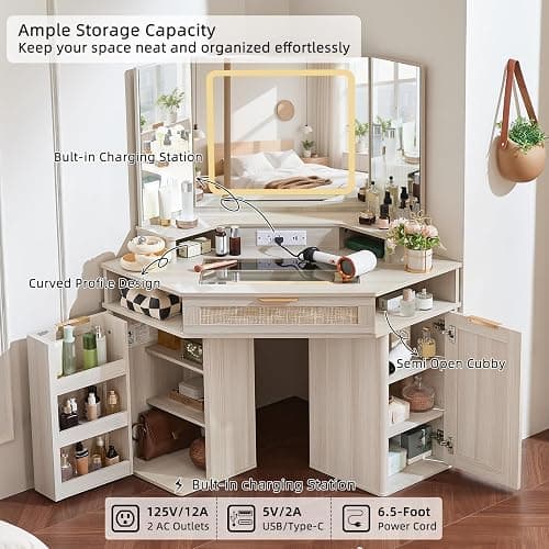 Lerliuo Corner Vanity Desk with 3 Way Mirror and Lights, 46'' Rattan Makeup Vanity with Glass Top Drawer, Boho White Make Up Storage Cabinets with Charger for Bedroom thumbnail 6