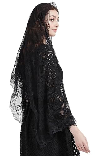 Rectangle Floral Tulle Shawl Chapel Veil with Flowers Mantilla Church Veil Y042 - Image 1