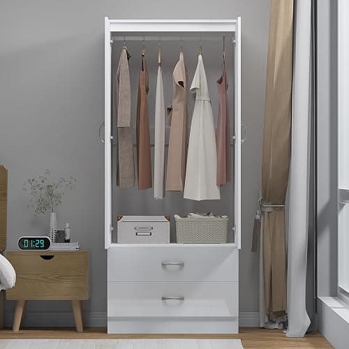 Harmin White Gloss Mirrorred 2 Door Soft close wardrobe with 2 drawers - height 180 cm x width 76 cm x depth 47 cm thumbnail 4