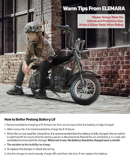 ELEMARA Electric Dirt Bike, 15 mph & 150lb Max, 24V Ride on Toy for Big Kids w/LED Lights & Power Display, Chain-Driven Motor, Twist-Grip Throttle, Shock Springs, Handbrake, 12" Air-Filled Tires-Black thumbnail 7