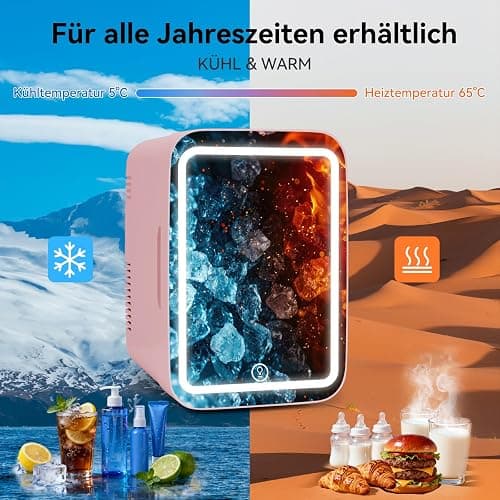 YU YUSING Mini Kühlschrank 4L, Kosmetik Kühlschrank mit LED Spiegel für Skincare & Getränke, AC+12V DC Tragbarer Klein Skincare Fridge mit Kühl & Wärmefunktion für Autos Büro Schlafzimmer, Rosa thumbnail 4