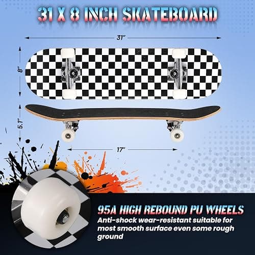ANYFUN Pro Complete Skateboards for Beginners Girls Boys Kids Youths Teens Adults 31"x8" Skate Boards 7 Layers Canadian Maple Double Kick Deck Concave Longboard thumbnail 2