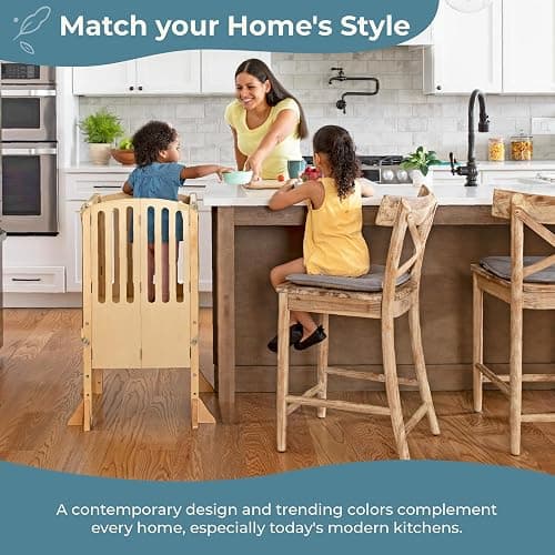 Guidecraft Kitchen Helper® Toddler Tower Step Stool - Contemporary - Natural: Folding Adjustable Height Montessori Wooden Learning Furniture with Keepers thumbnail 9