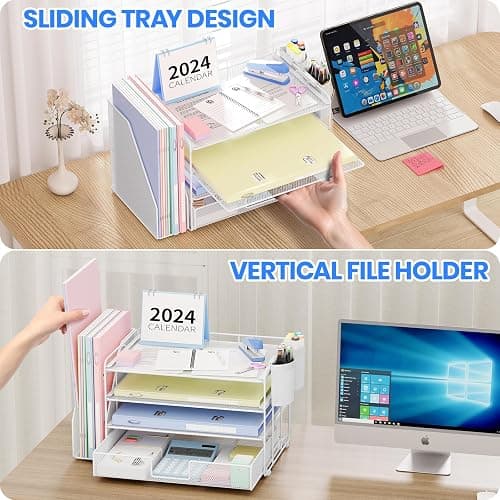 OPNICE Desk Organizer and Accessories, 4-Tier Desktop File Organizer with Drawer and 2 Pen Holders, Office Desk Accessories, File Sorters, Workspace Organizers for Office Supplies(White) thumbnail 6