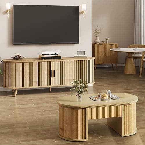EPLICEMR 55 inch TV Stand with Power Outlet, Fluted Entertainment Center for TVs Up to 60 inch, Modern TV Console with Large Storage & Sliding Doors, Media Console for Living Room|Bedroom, Nature Oak thumbnail 8