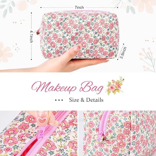 SOIDRAM Pink Makeup Bag Floral Cosmetic Bag Puffy Coquette Makeup pouch Aesthetic Cute Quilted Travel Toiletry Bag Organizer cotton Makeup Brushes Storage Bag for Women thumbnail 3