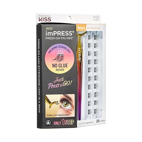 KISS imPRESS Falsies Press On Self Adhesive Eyelashes, 12mm-14mm Natural Volume Press On Lashes, Black, No Glue Needed, Invisible Band, 20 Lash Clusters & Non-Stick Applicator - Natural thumbnail 2