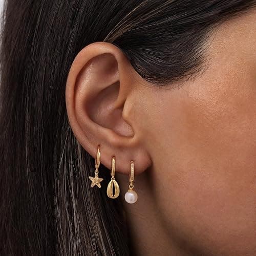 SELFROSE Gold Earrings For Women, Dainty Huggie Earrings Stack 14K Gold Plated Pearl Dangle Earrings for Women Trendy Cute Hypoallergenic Unique Gold Earring Stack Fashion Gold Jewelry Gifts thumbnail 6