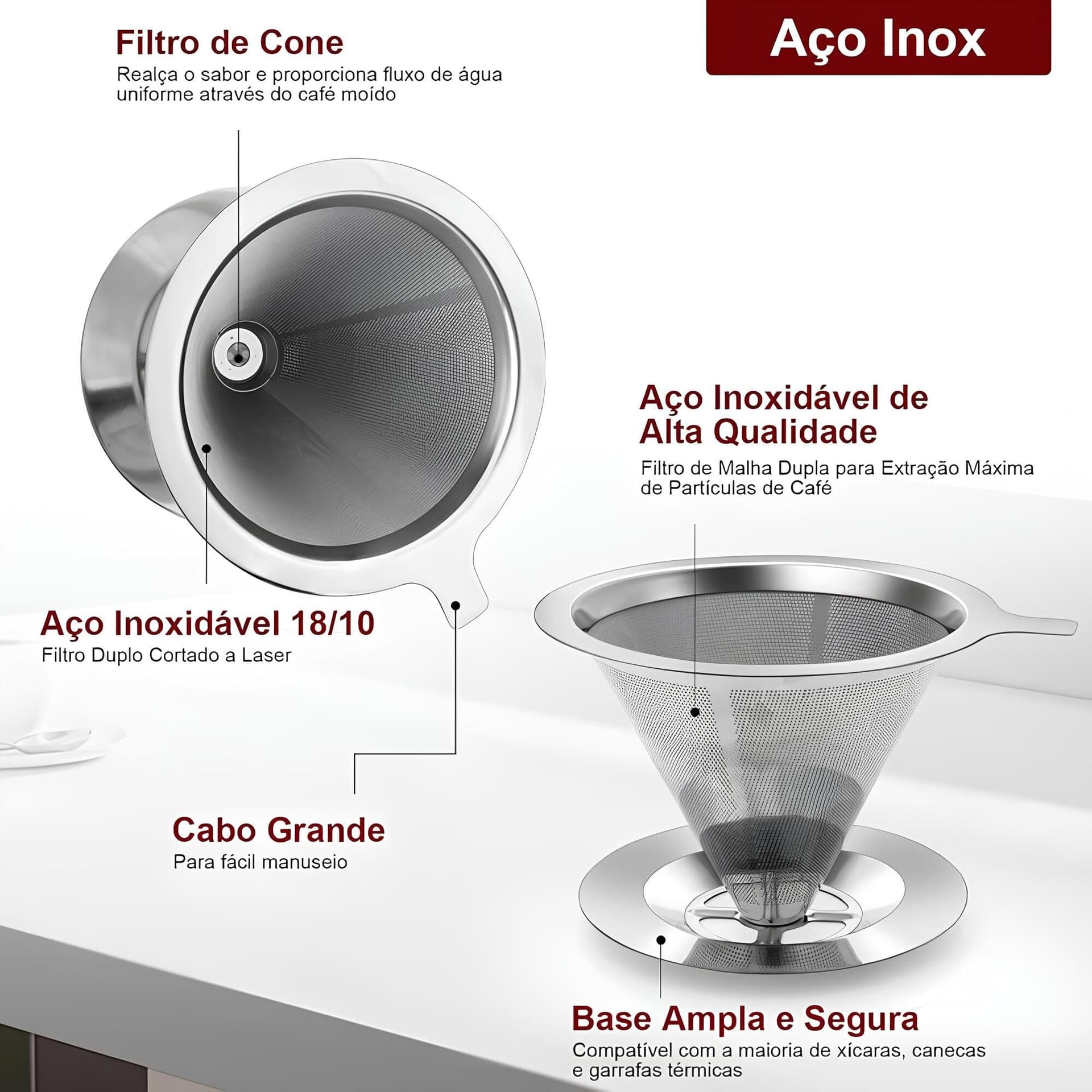 Coador de Café 103 Filtro Inox Reutilizável Premium – Peneira de Aço Durável e Sustentável, Sem Uso de Papel, Econômico e Ecológico, Fácil de Usar e Limpar, Preserva o Sabor Natural do Café thumbnail 3