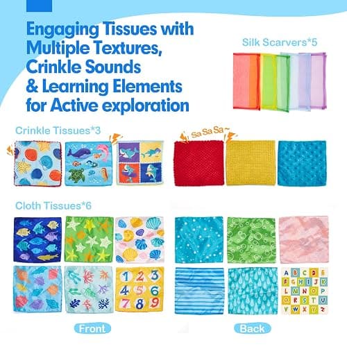 hahaland Baby Tissue Box Toy - Baby Toys 6-12 Months Montessori Toys for 6 Month Old with Textured Tails, Crinkle Tissues, Squeaky, Mirror, Gifts Play Silks Sensoy Scarves for Babies Stocking Stuffers thumbnail 7