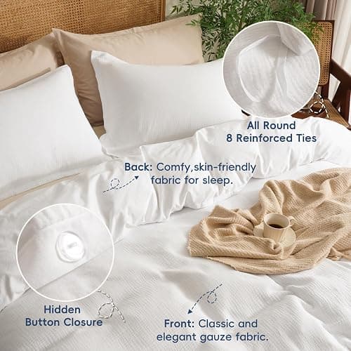 David's Home 100% Cotton Muslin Duvet Cover Set Queen Size,3 Pcs Ultra Soft Breathable & Lightweight Gauze Bedding Set with 2 Pillowcases,Textured Home Decor with Button, 90"×90" White,No Insert thumbnail 5