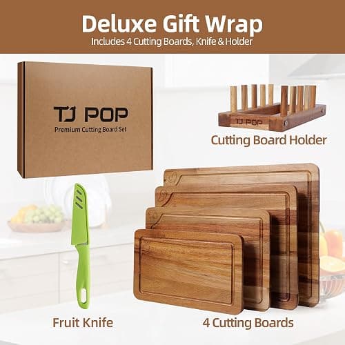 Acacia Wood Cutting Board Set of 4 with Stand, Wooden Chopping Boards with Food Icons for Kitchen, Charcuterie Board for Meat, Vegetables, Fruits, Cheese thumbnail 5