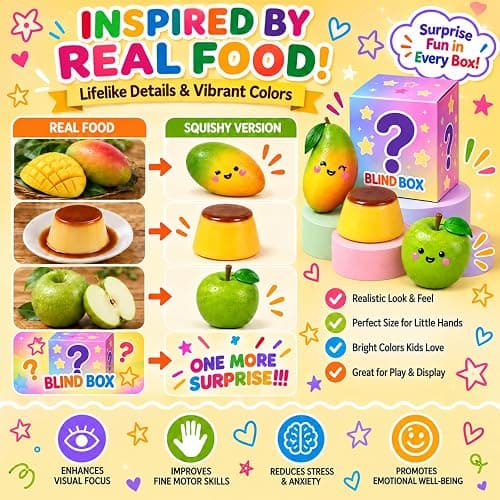 4PC Crunchy Squishy Pack,Sensory Stress Relief Squeeze Squishy Fidget Toys | Crunchy Mango, Pudding & Slushy Apple Squishy Toys with Mystery Squishy Box, ASMR Fidget Set for Adults, Party & Office Desk thumbnail 4