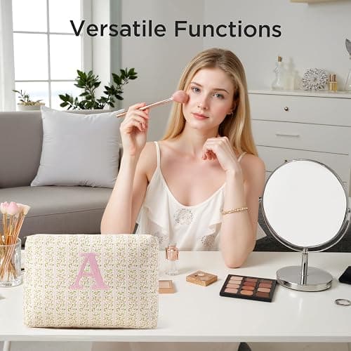 HBselect Initial Quilted Makeup Bag, Pink Cosmetic Travel Toiletry Bag, Flowers Coquette Zipper Make Up Pouch Organizer Teen Girl Gift Trendy Stuff M thumbnail 7