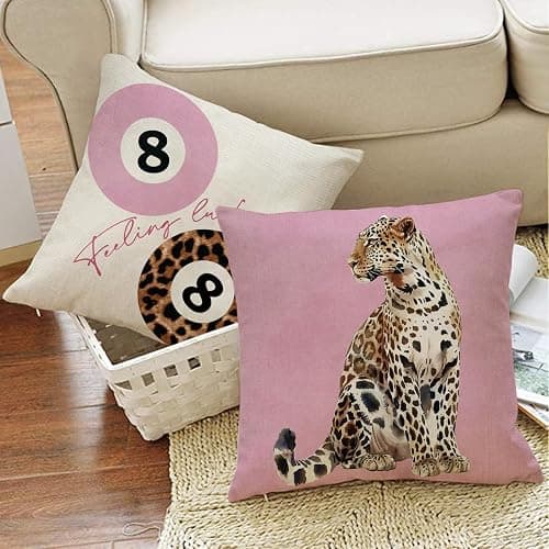 Fjfz Feeling Lucky 8 Ball Pink Leopard Print Decorative Throw Pillow Covers | 18 x 18 Set of 4, Trendy Cheetah Billiards Playing Card Star Home Decor, Funky Girls Dorm Bedroom Sofa Couch Cushion Case thumbnail 6
