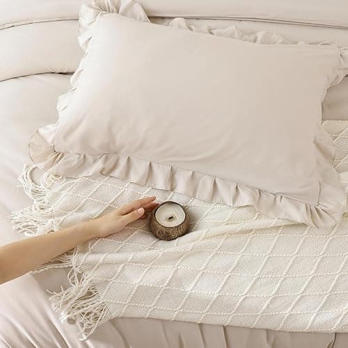 YIKUSH Ruffle Comforter Set Queen Size – Beige Soft Tufted Queen Bedding Set for All Seasons, Fluffy Shabby Chic Bed Set with 2 Pillowcases thumbnail 7