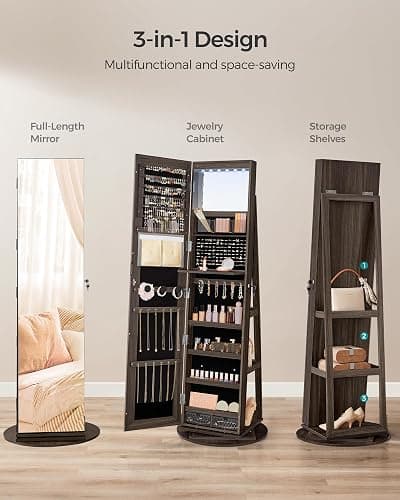 SONGMICS 6 LEDs Lockable Mirror Jewelry Cabinet, 360° Swivel Jewelry Organizer Armoire Standing, Frameless Full-Length Mirror, 3 Storage Shelves, Christmas Gifts, Ash Brown, Black Lining UJJC007K02 thumbnail 4