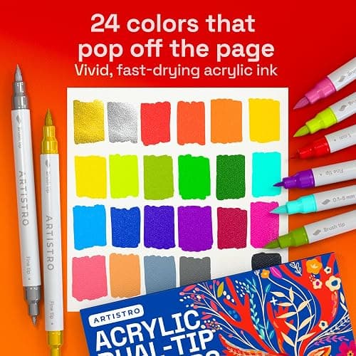 ARTISTRO 24 Acrylic Paint Markers - Paint Pens for Drawing, Brush + Fine Tips - For Fabric, Rock, Glass, Wood, DIY - Art & Craft Supplies for Adults, Teens, Kids - Teacher Appreciation Gift thumbnail 2