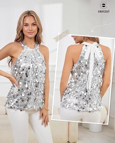 C O E CESCOSI Halter Sequin Tops for Women Sleeveless Sparkly Tank Top | Adjustable Halter‑tie; Breathable Mesh Lining; Sleeveless Sparkly Tank Top Suitable For All Kinds Of Party Occasions thumbnail 4