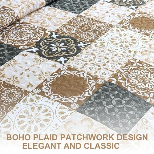 Dobuyly Brown Quilt Set Queen Size, Boho Plaid Patchwork Bedspreads Coverlet Set, 3 Pieces Soft Lightweight Microfiber Fall Quilt Bedding Set for All Seasons 96"x90" thumbnail 8
