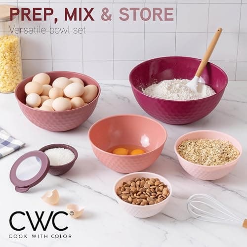 COOK WITH COLOR Mixing Bowls with Lids - 12 Piece Plastic Nesting Bowls Set includes 6 Prep Bowls and 6 Lids, Non Slip Bottom and Embossed Design - Microwave Safe (Rose) thumbnail 8
