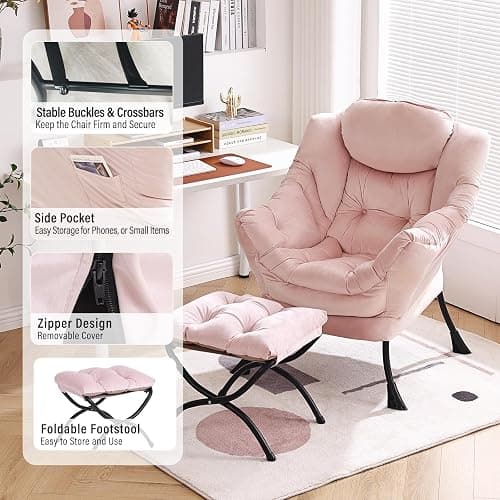 Furlide Lazy Chair with Ottoman, Modern Chair with Folding Footrest, Lounge Accent Chair, Comfortable Reading Chair, Oversized Armchairs for Bedroom, Study, Living Room, Courtyard (Pink) thumbnail 6
