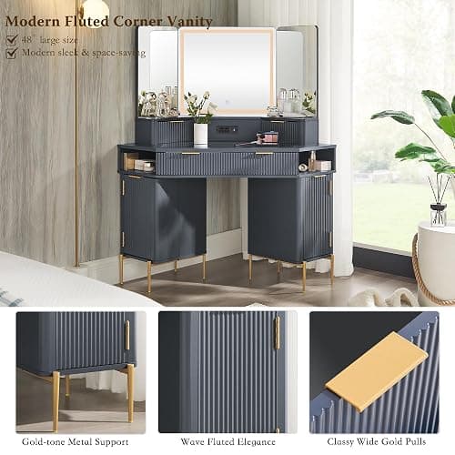 T4TREAM Corner Vanity Desk with Mirror and Lights, 48" Modern Fluted Makeup Vanity with Glass Top, 3-Panel Lighted Mirror & Charging Outlet, Dressing Table with 3 Drawers & 2 Cabinets, Dark Grey thumbnail 5