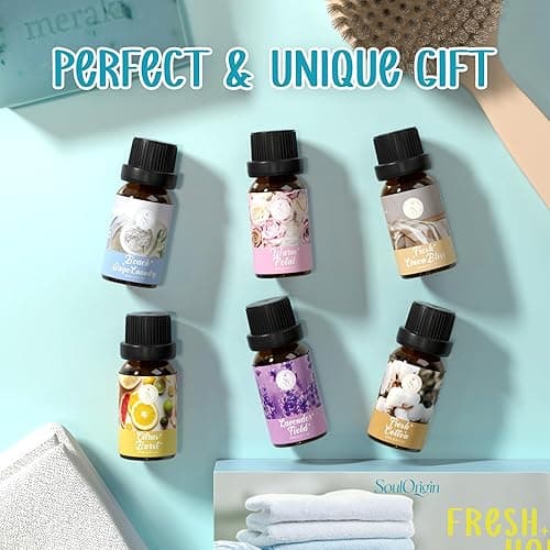 Clean Essential Oils Set, SoulOrigin Fragrance Oil Gift Set for Oil Diffusers, Scented Oils 6x10ml - Beach Sage Laundry Detergent, Citrus Burst, Lavender Fields, Fresh Linen, Warm Petals, Fresh Cotton thumbnail 6